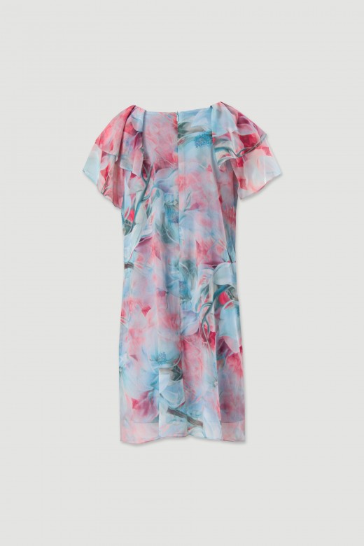 Short printed dress with square neckline