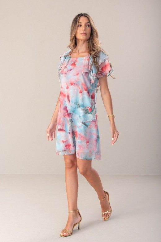 Short printed dress with square neckline