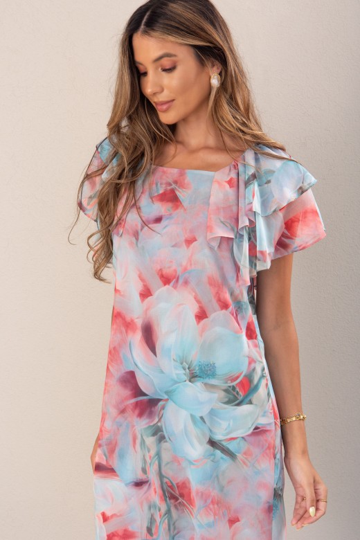 Short printed dress with square neckline