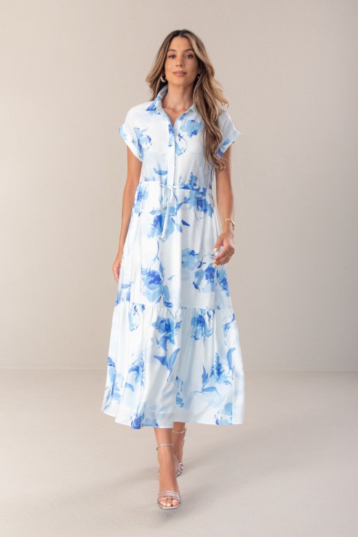 Vestido midi estampado com cintura ajustvel