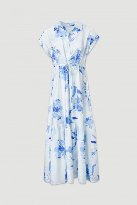 Vestido midi estampado com cintura ajustvel