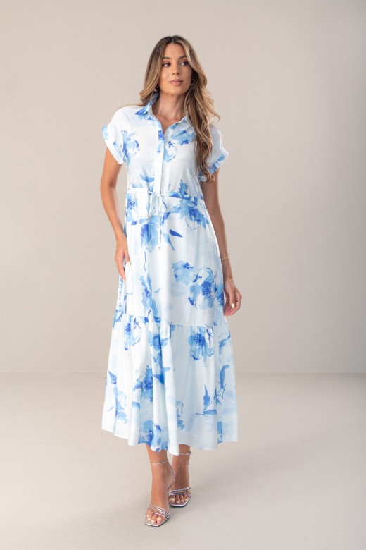 Vestido midi estampado com cintura ajustvel