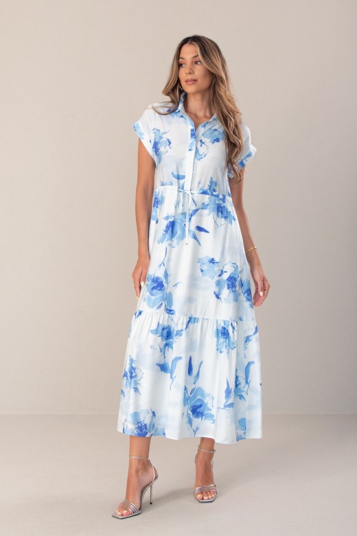 Vestido midi estampado com cintura ajustvel