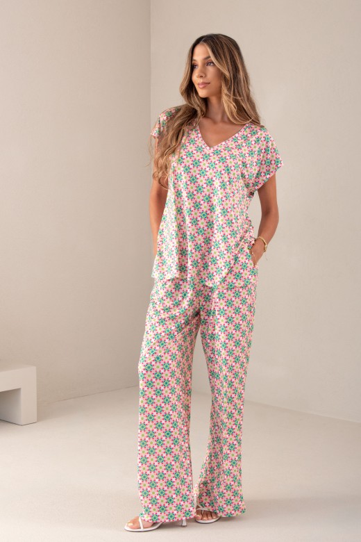 Wide-leg printed knit trousers