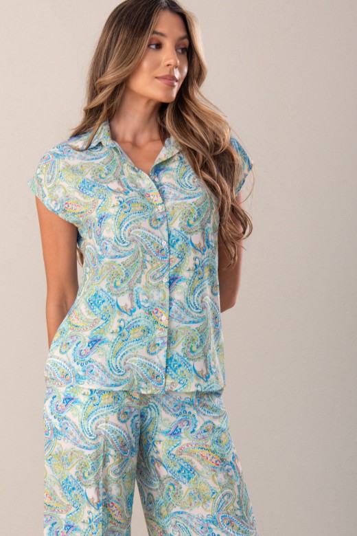 Short-sleeved printed fluid blouse