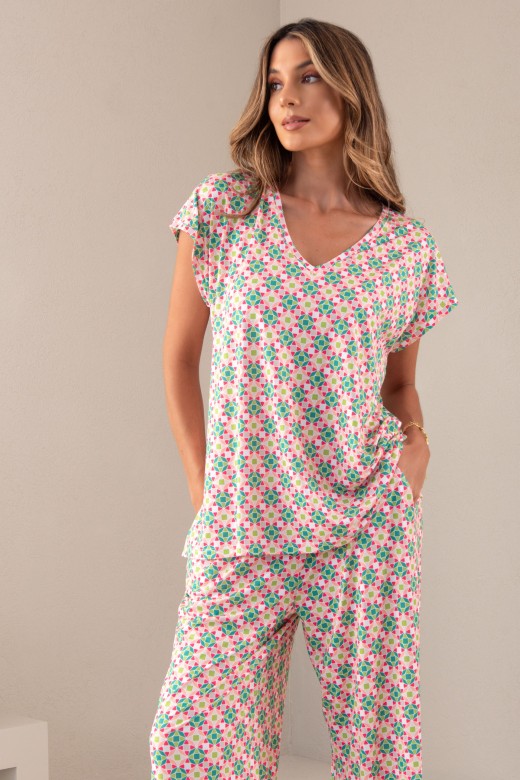 Knit tunic with geometric print and v-neckline