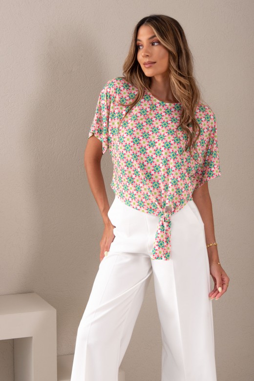 Tnica curta de malha estampada com lao