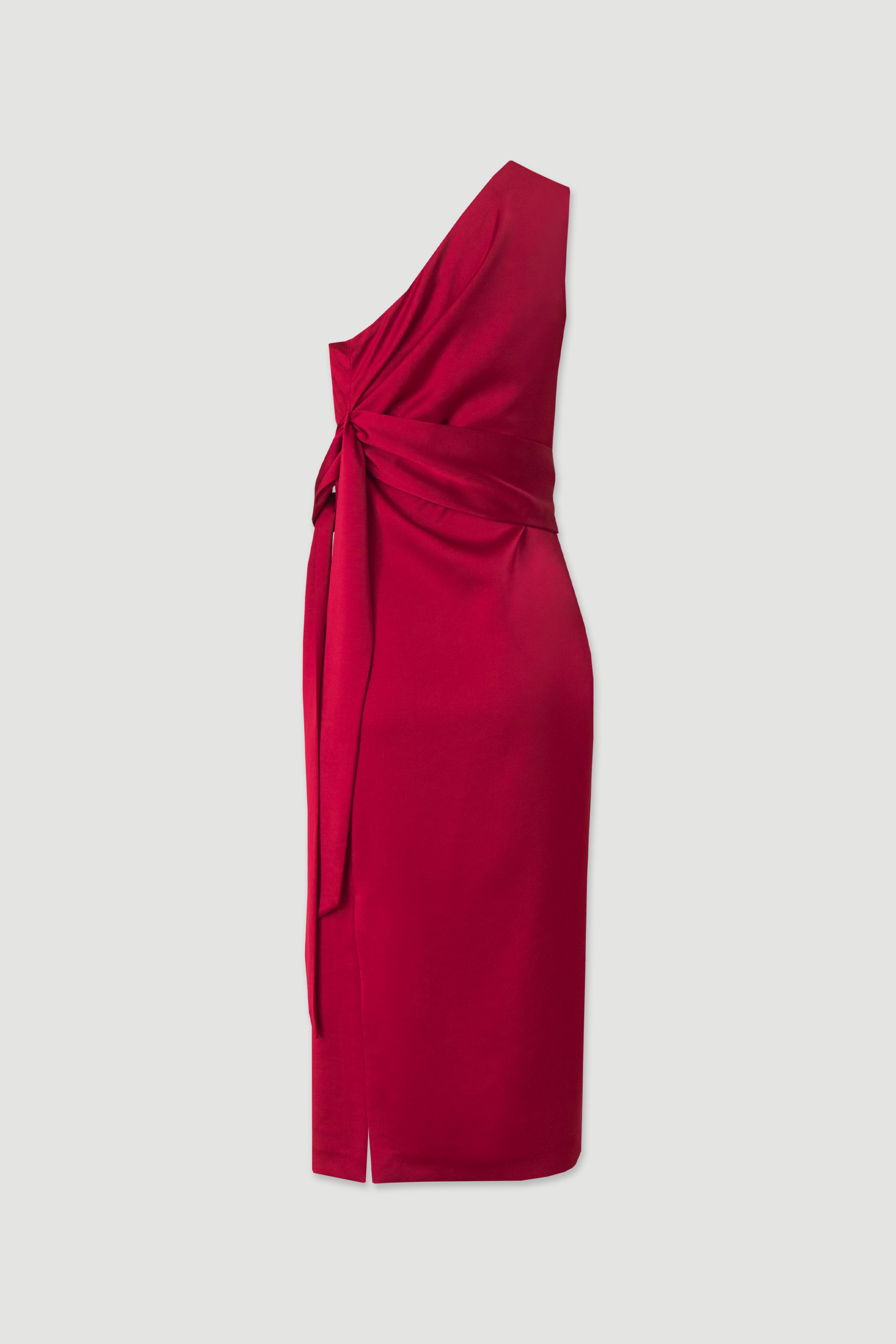 Satin dress with asymmetric neckline and waist tie