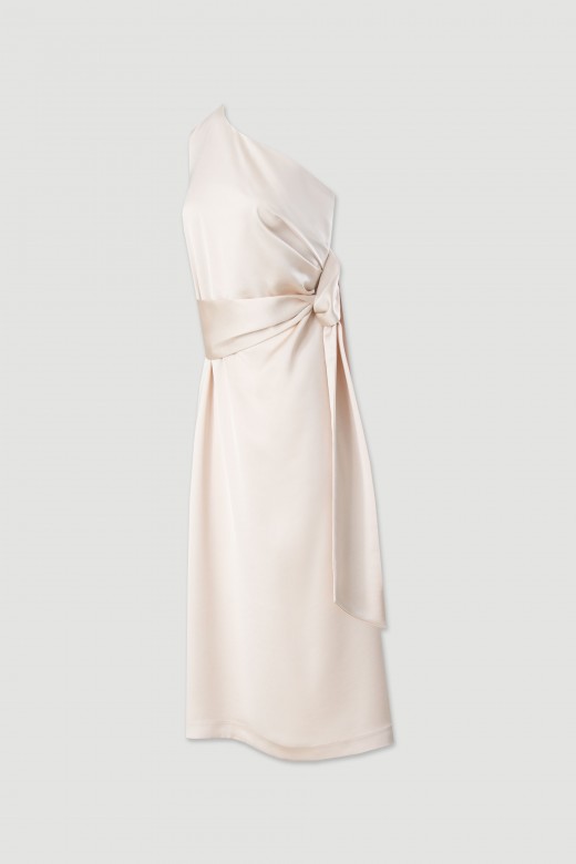 Satin dress with asymmetric neckline and waist tie Satin dress with asymmetric neckline and waist tie