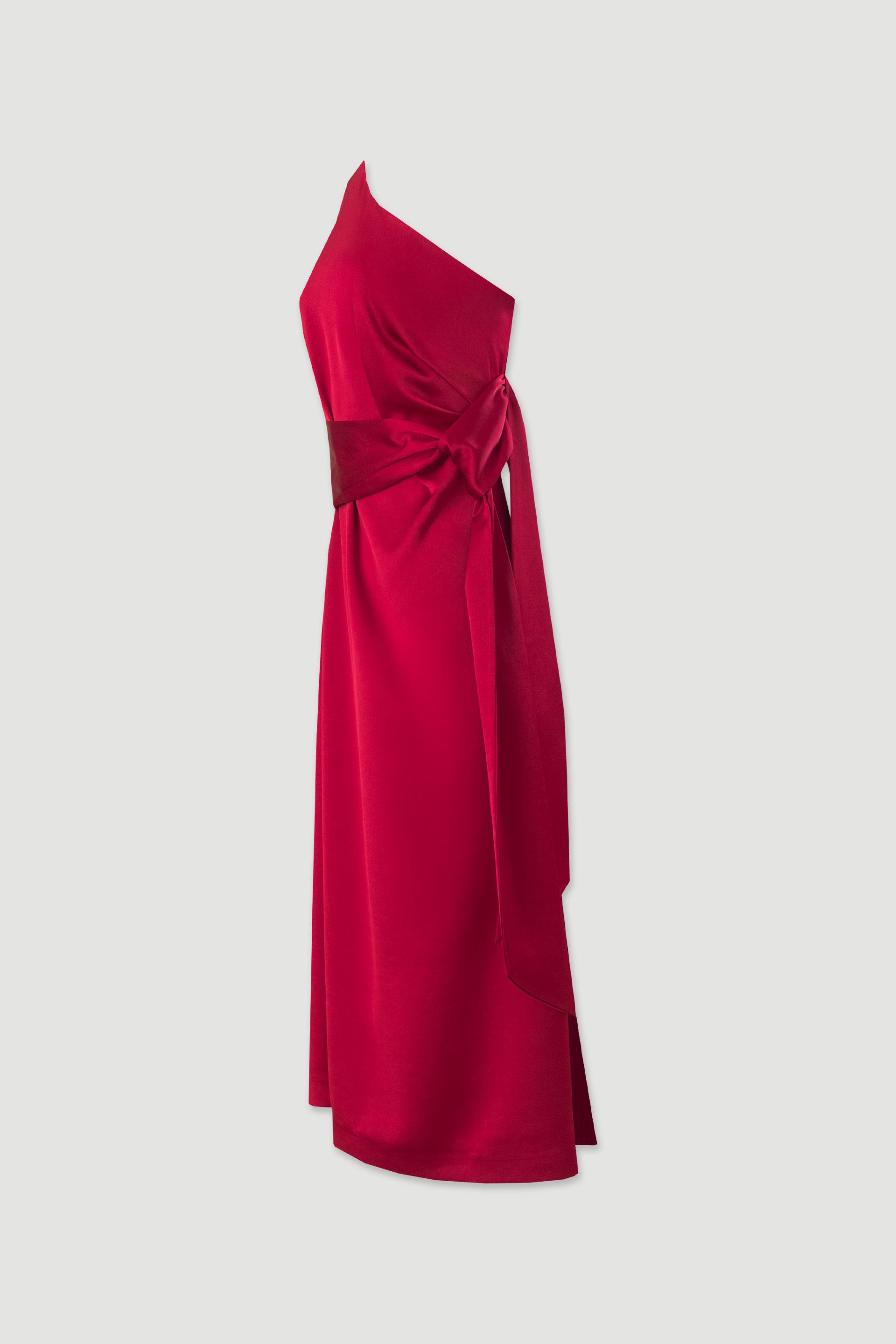 Satin dress with asymmetric neckline and waist tie