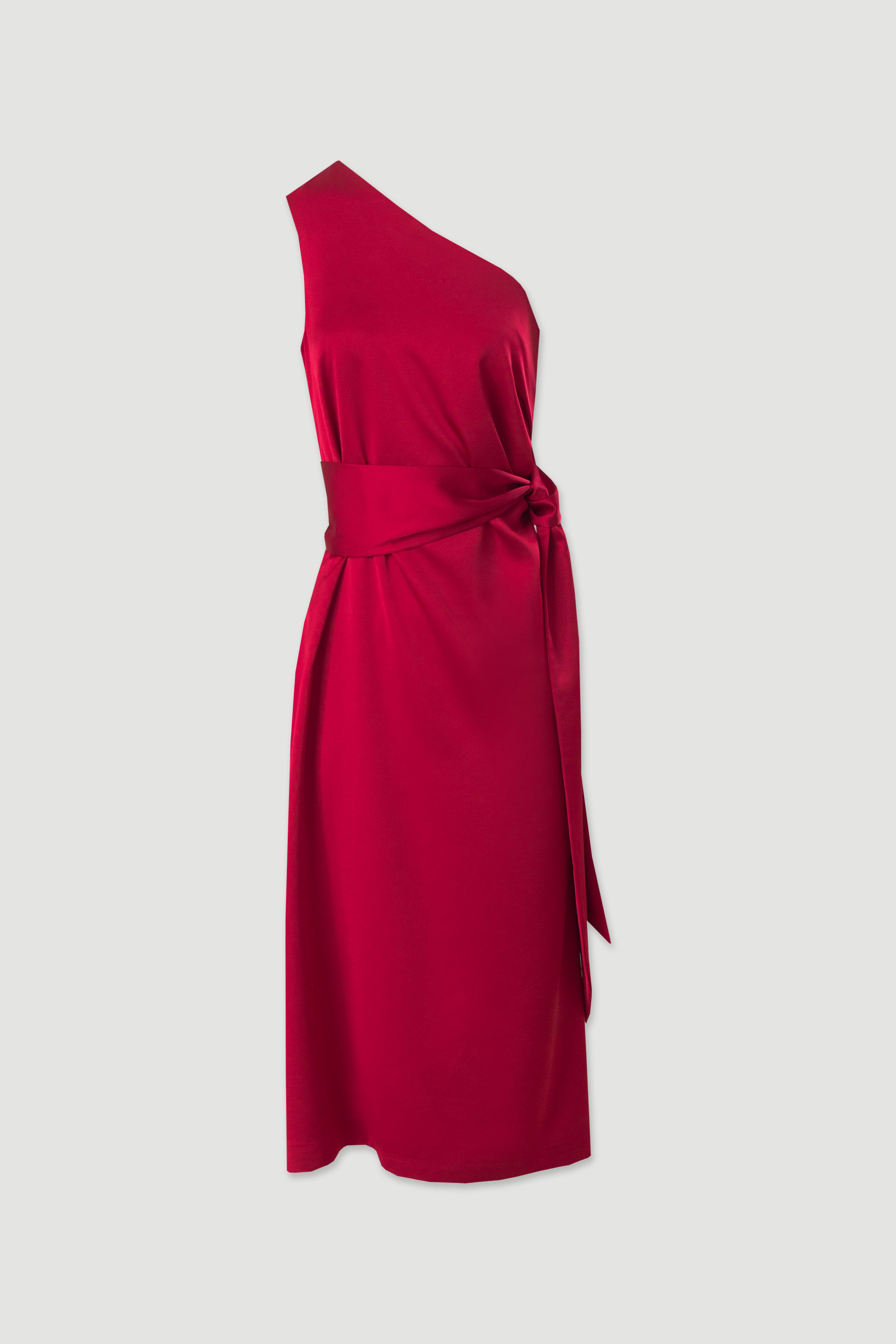 Satin dress with asymmetric neckline and waist tie