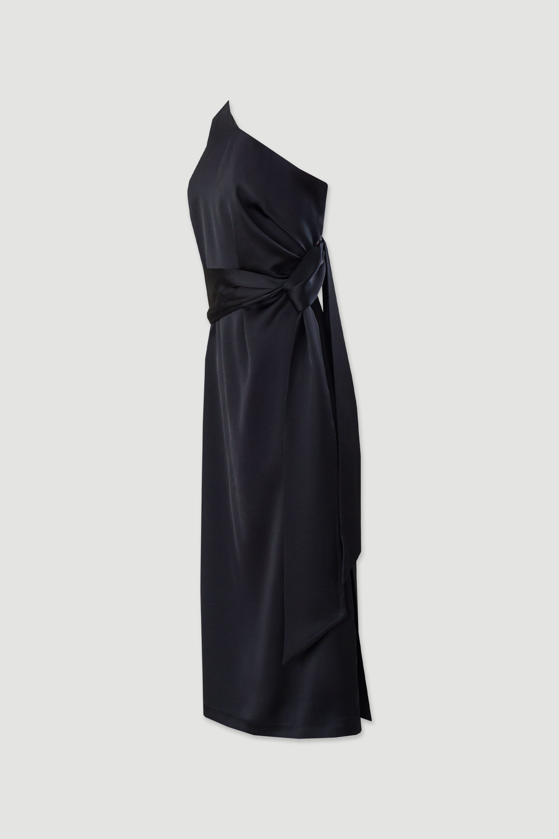 Satin dress with asymmetric neckline and waist tie