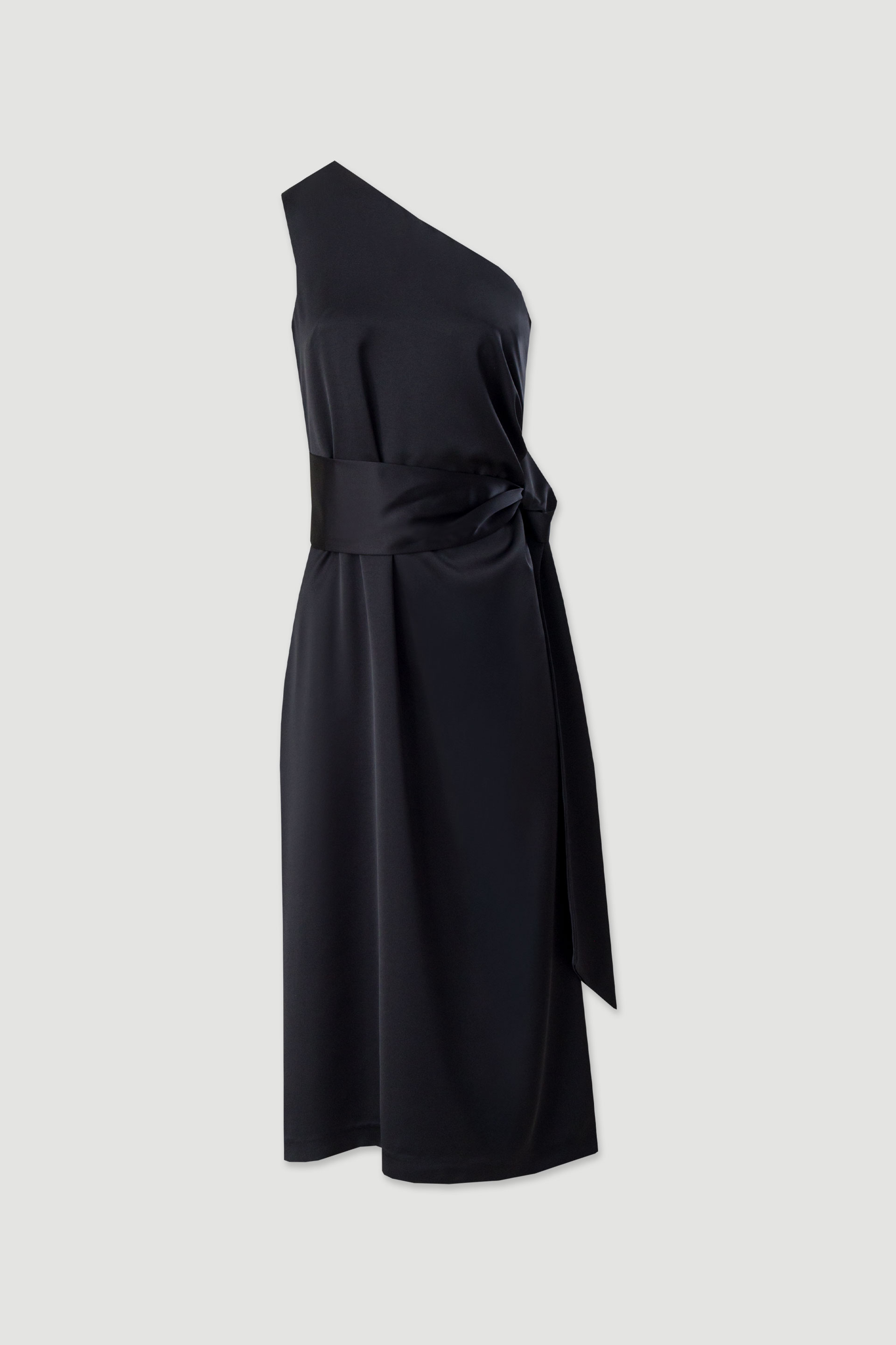 Satin dress with asymmetric neckline and waist tie