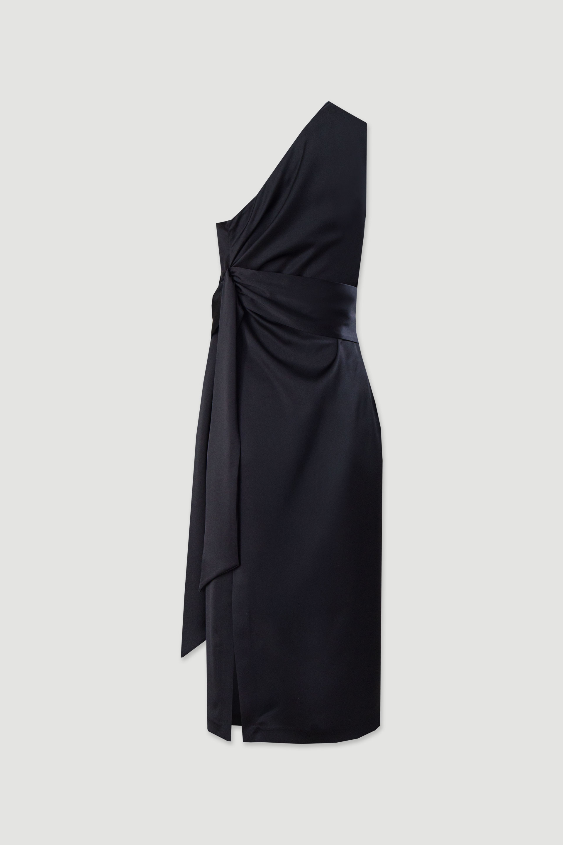 Satin dress with asymmetric neckline and waist tie