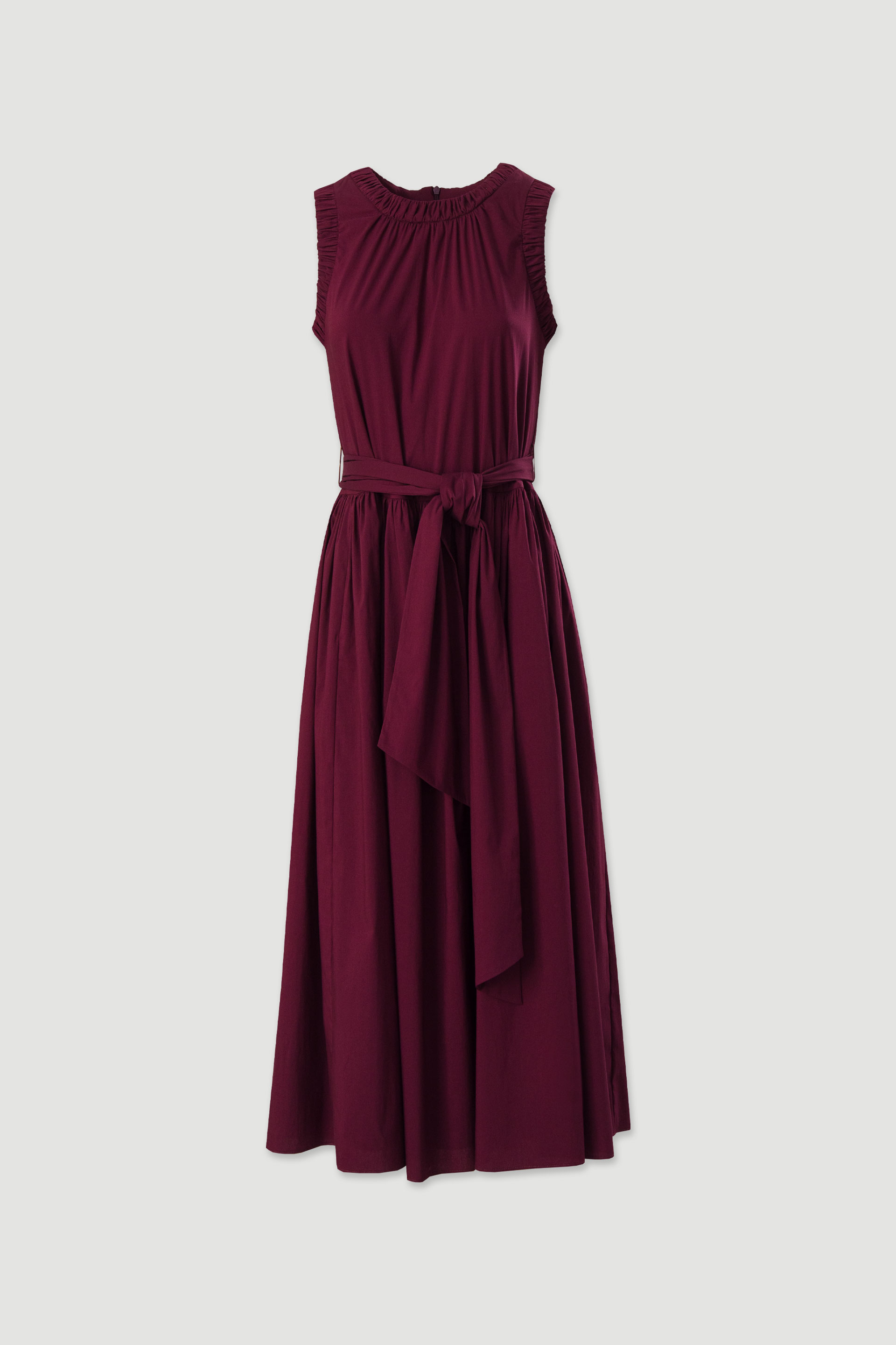 Vestido midi com detalhe de franzido e cinto