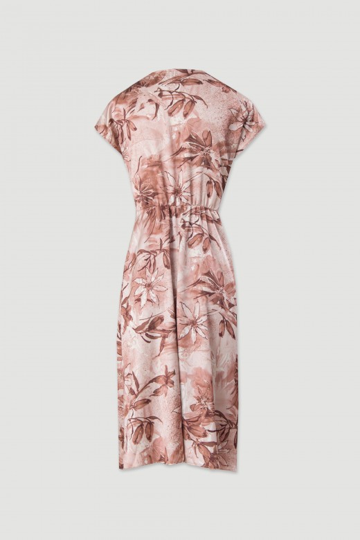 Vestido acetinado estampado com decote em v e efeito de n