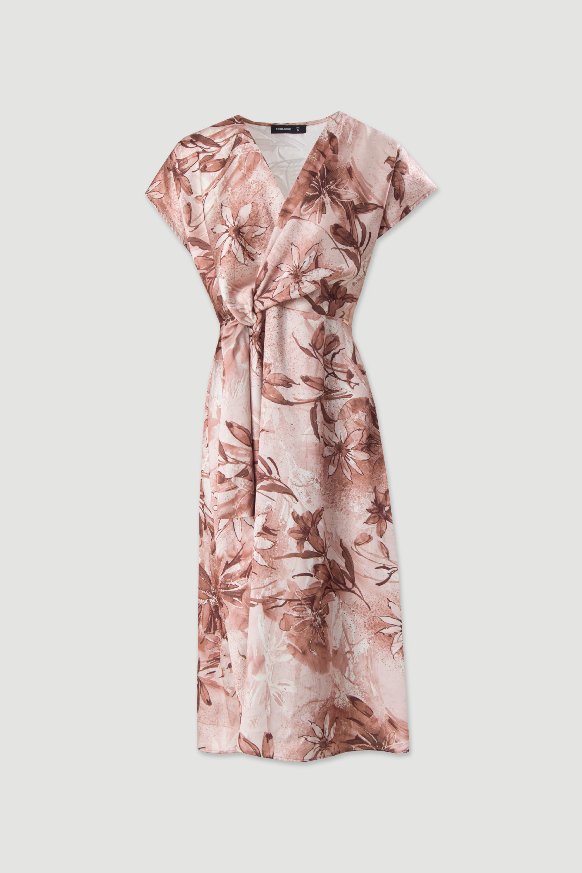 Robe en satin imprimé avec décolleté en v et effet nœud