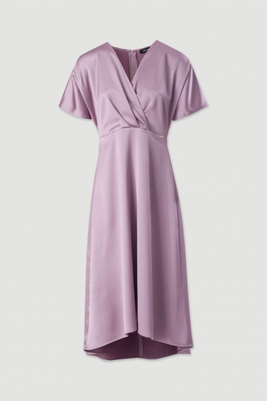 Asymmetrical satin midi dress with v-neckline