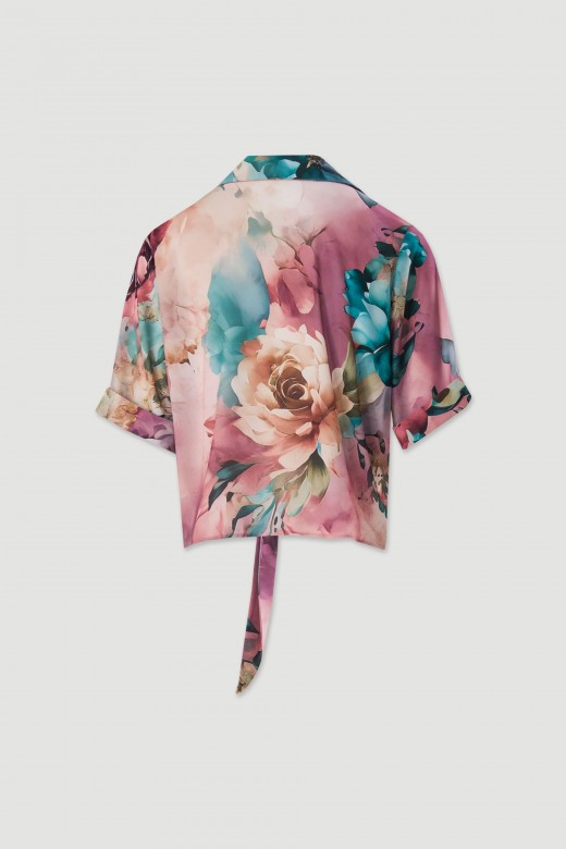 Printed fluid blouse with v-neck and tie