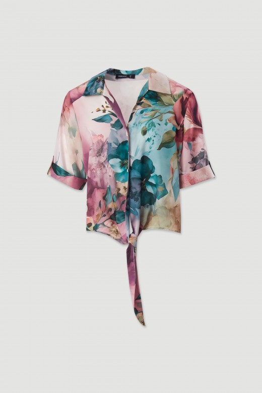 Printed fluid blouse with v-neck and tie