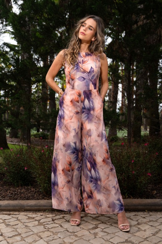 Printed fluid fabric wide leg jumpsuit