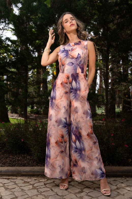 Printed fluid fabric wide leg jumpsuit