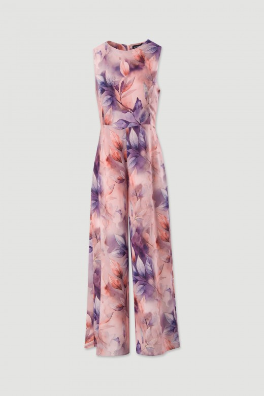 Printed fluid fabric wide leg jumpsuit