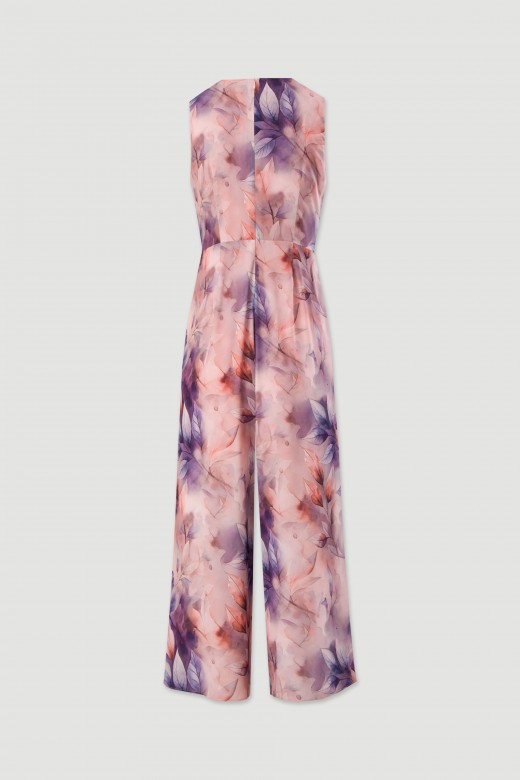 Printed fluid fabric wide leg jumpsuit