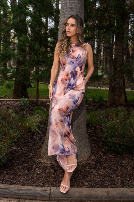 Printed fluid fabric wide leg jumpsuit
