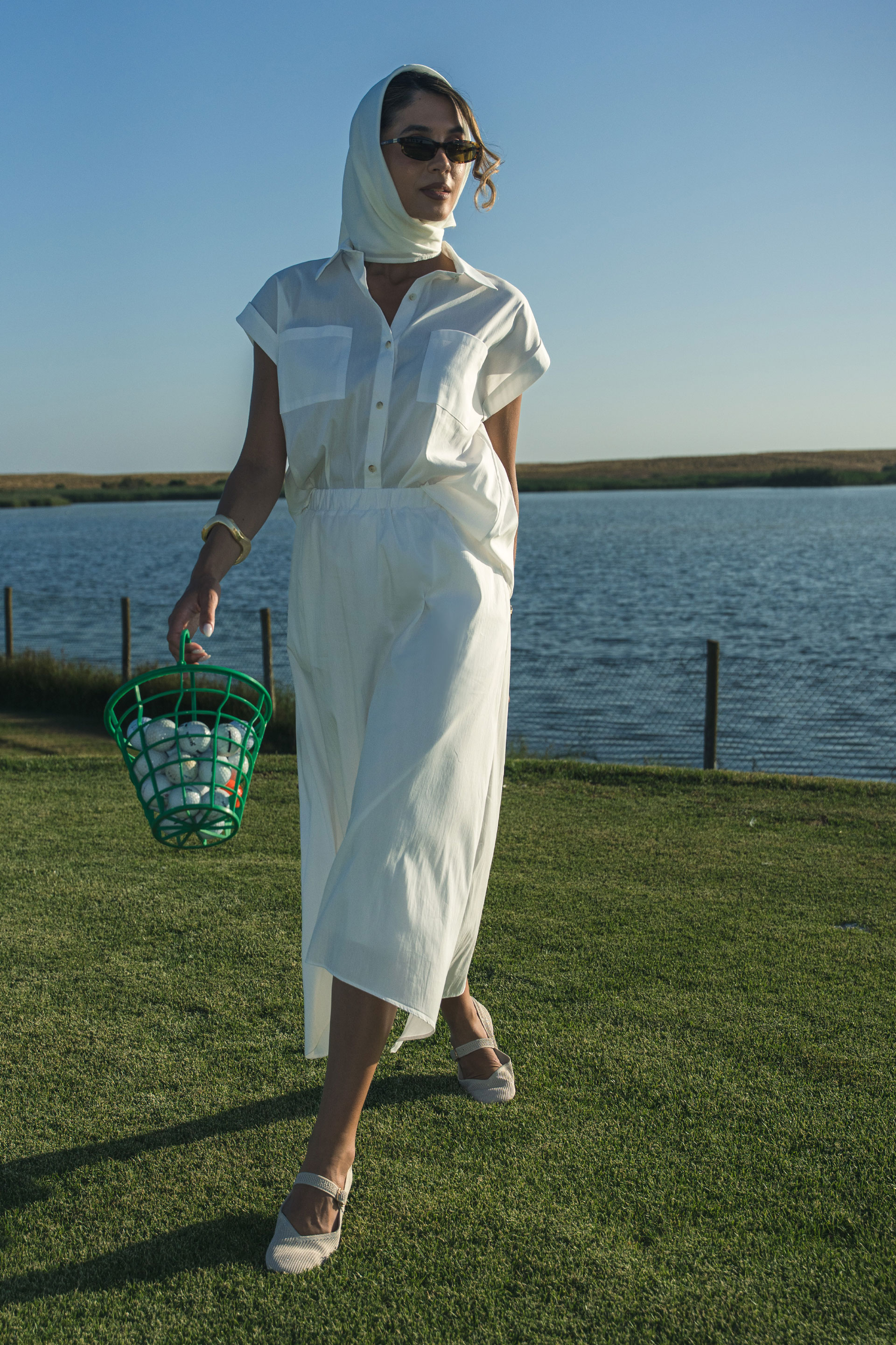 Asymmetric cotton-blend midi skirt