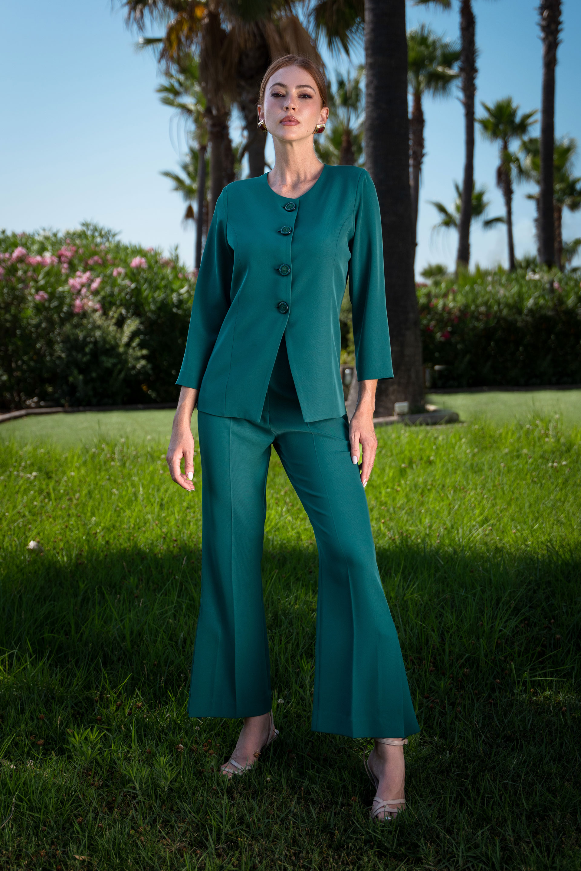 Classic flare trousers with overlapping slit detail