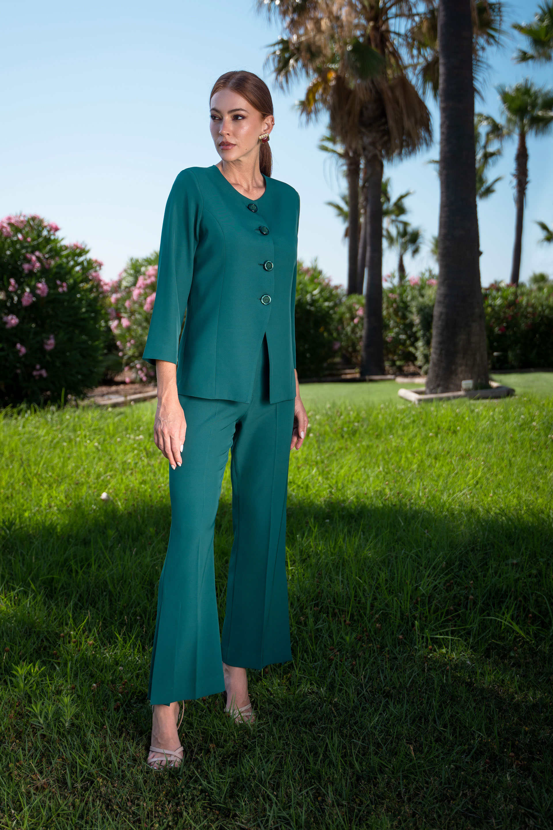 Classic flare trousers with overlapping slit detail