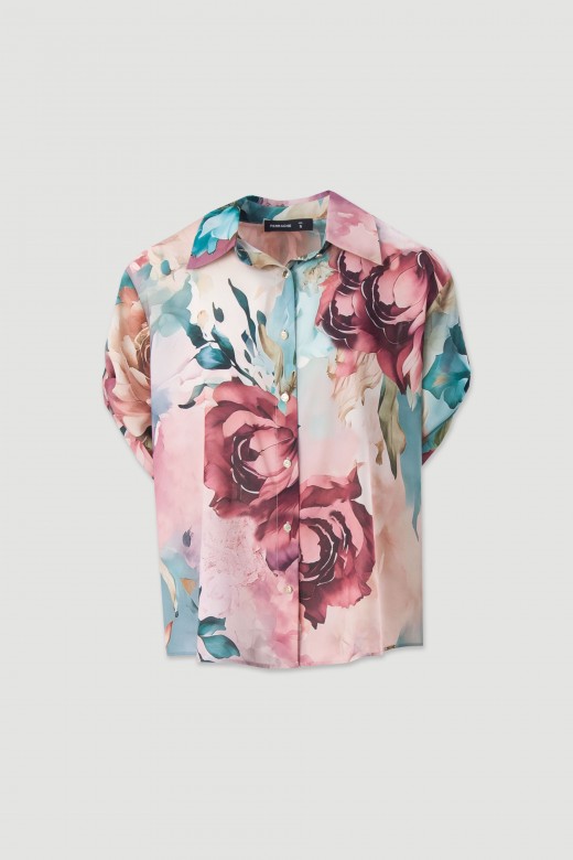 Flowy printed blouse with sleeve tab