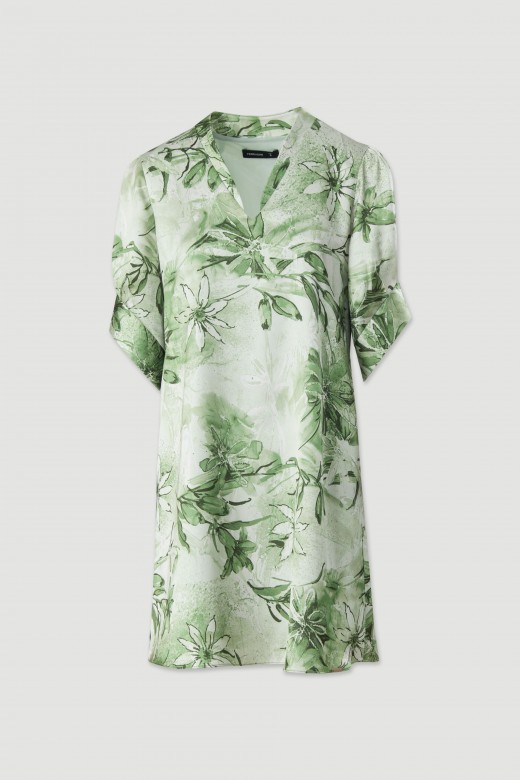 Satin floral dress with v-neckline