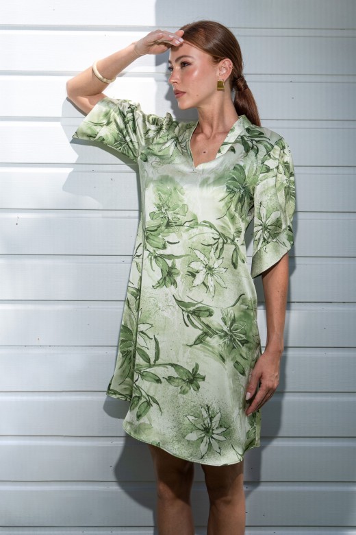 Satin floral dress with v-neckline