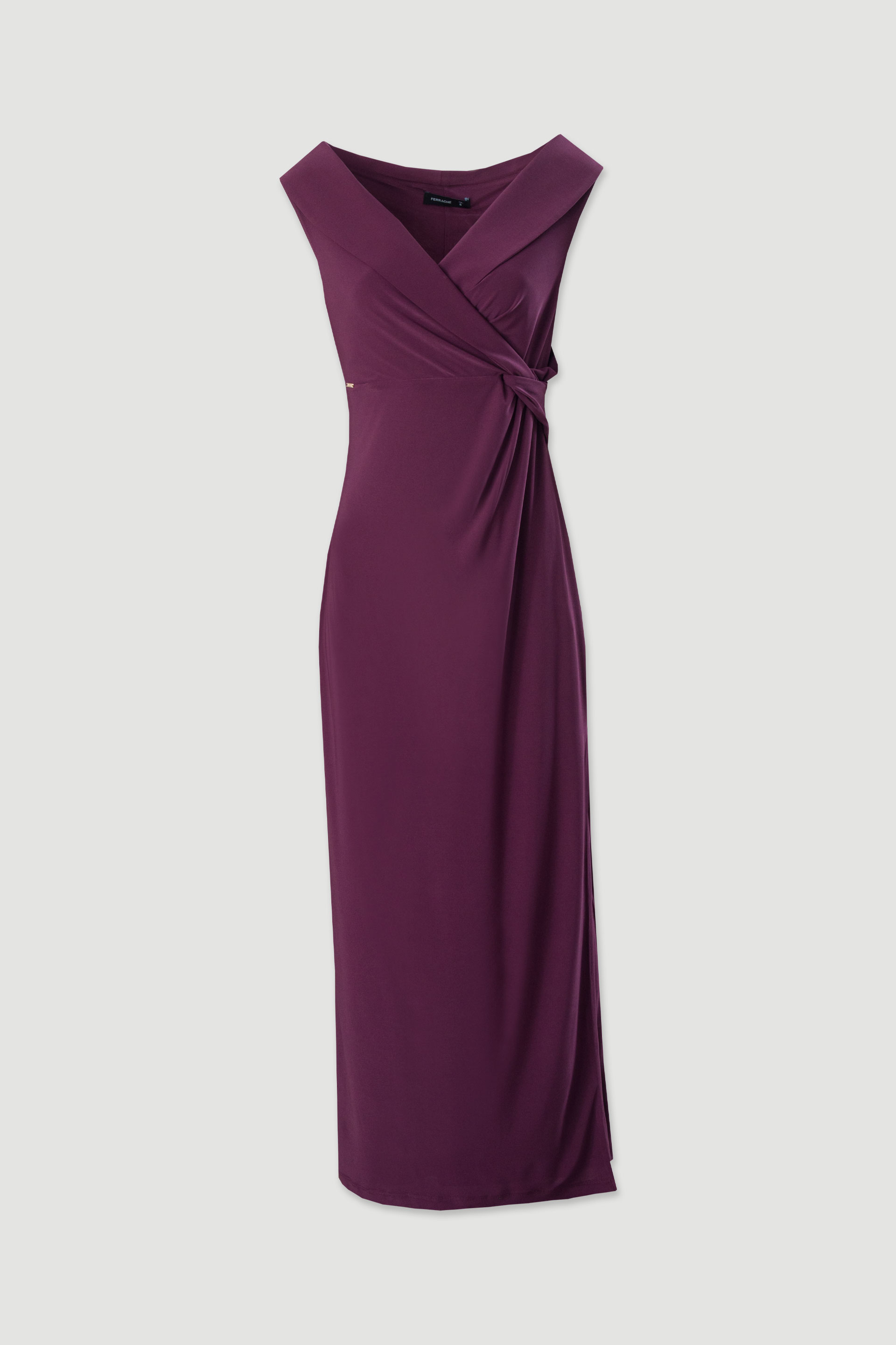 Vestido comprido em malha com decote em v e detalhe de nó