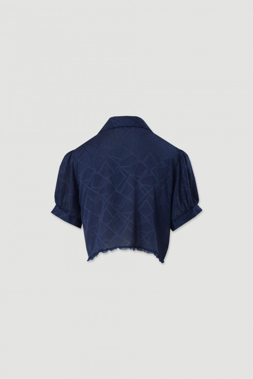 Cropped printed blouse with lace and short sleeves