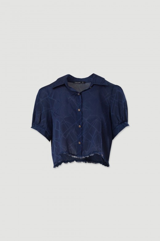 Cropped printed blouse with lace and short sleeves