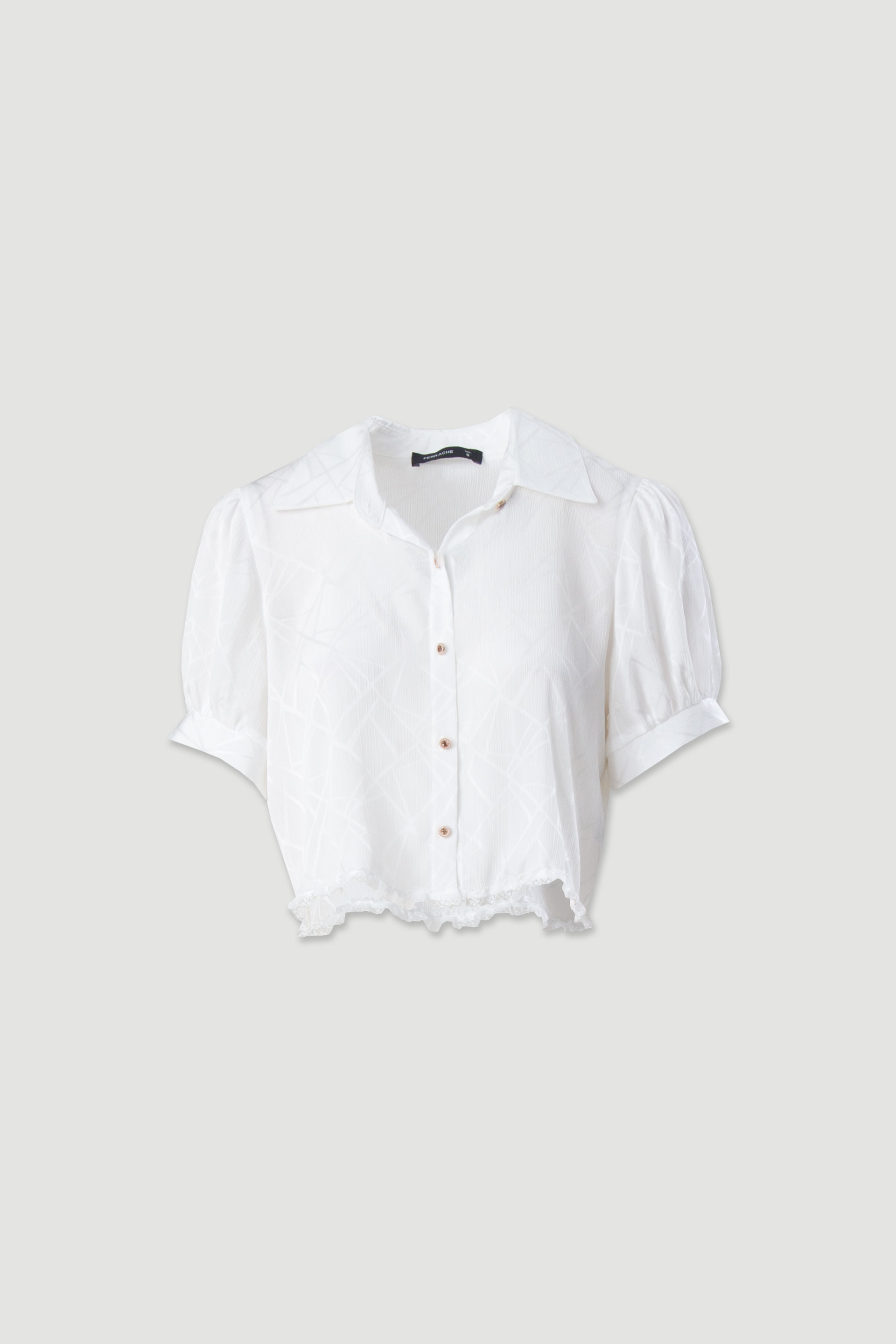 Blusa cropped estampada com renda e manga curta