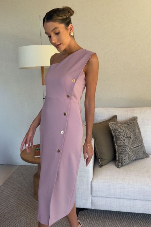 Vestido midi cintado com decote assimétrico Vestido midi cintado com decote assimétrico