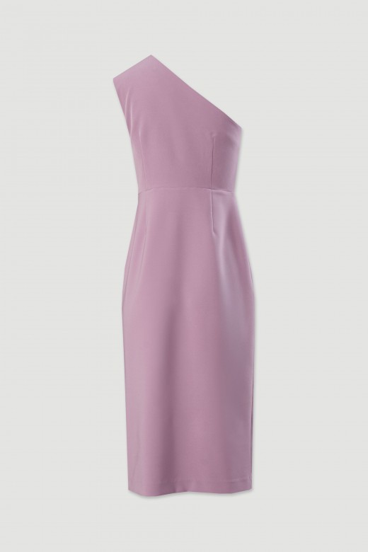 Vestido midi cintado com decote assimétrico Vestido midi cintado com decote assimétrico