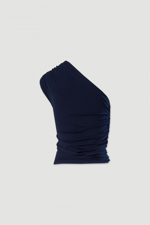 Top de malha com decote assimtrico e detalhe de franzido