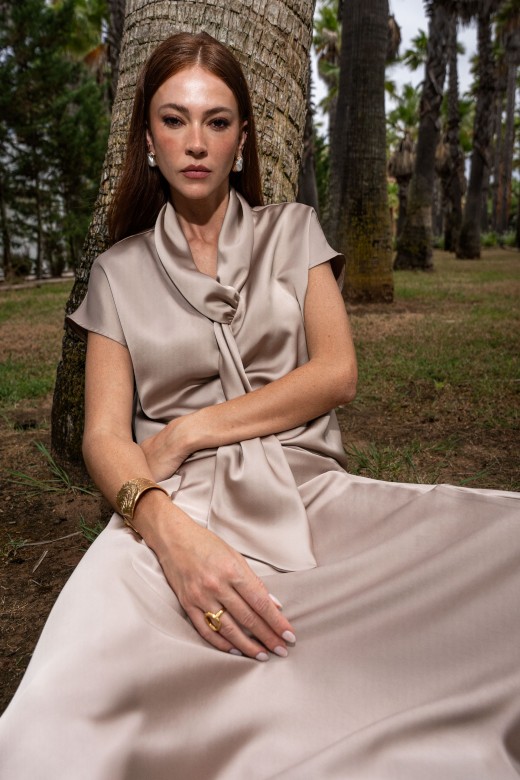 Fluid satin tunic with neckline detail