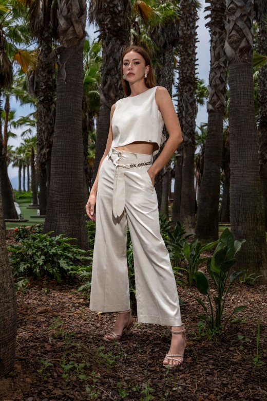 Cropped wide-leg linen-blend trousers with belt Cropped wide-leg linen-blend trousers with belt