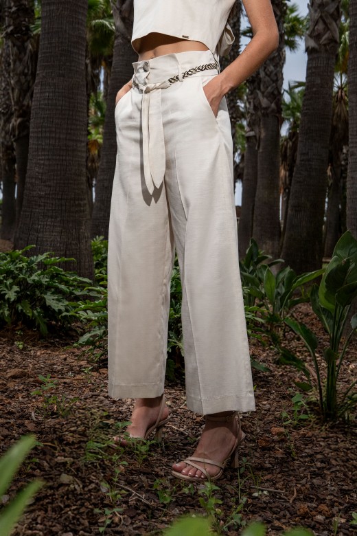 Cropped wide-leg linen-blend trousers with belt Cropped wide-leg linen-blend trousers with belt