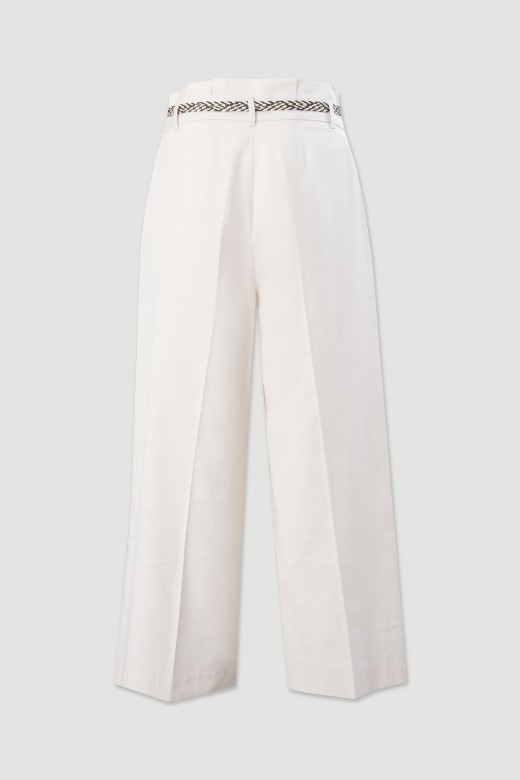 Cropped wide-leg linen-blend trousers with belt Cropped wide-leg linen-blend trousers with belt