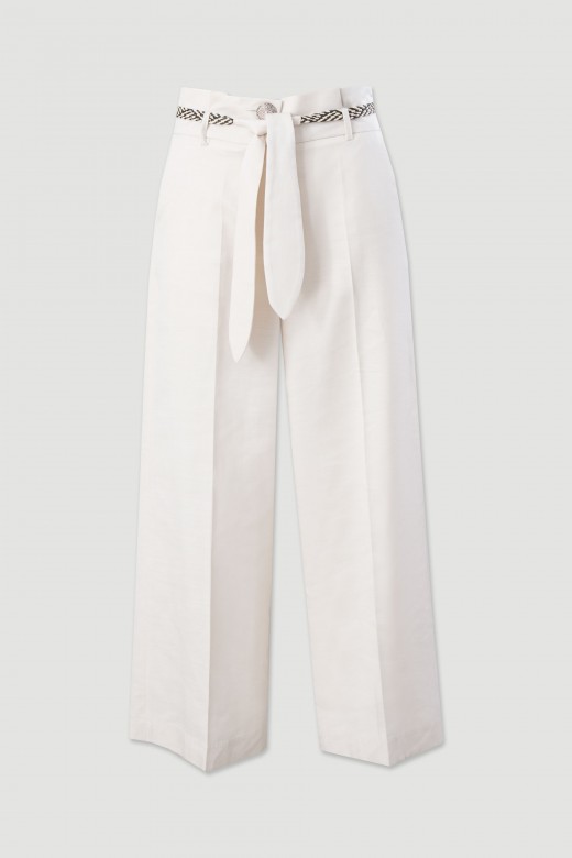Cropped wide-leg linen-blend trousers with belt Cropped wide-leg linen-blend trousers with belt