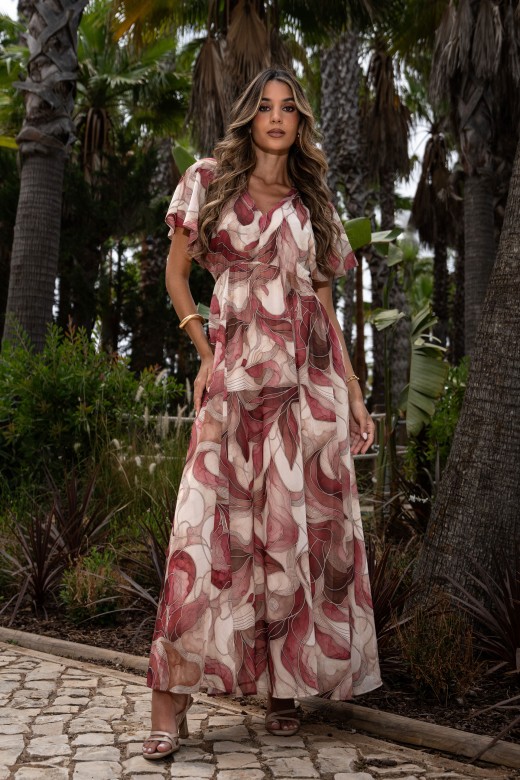 Vestido comprido estampado com manga curta ampla Vestido comprido estampado com manga curta ampla