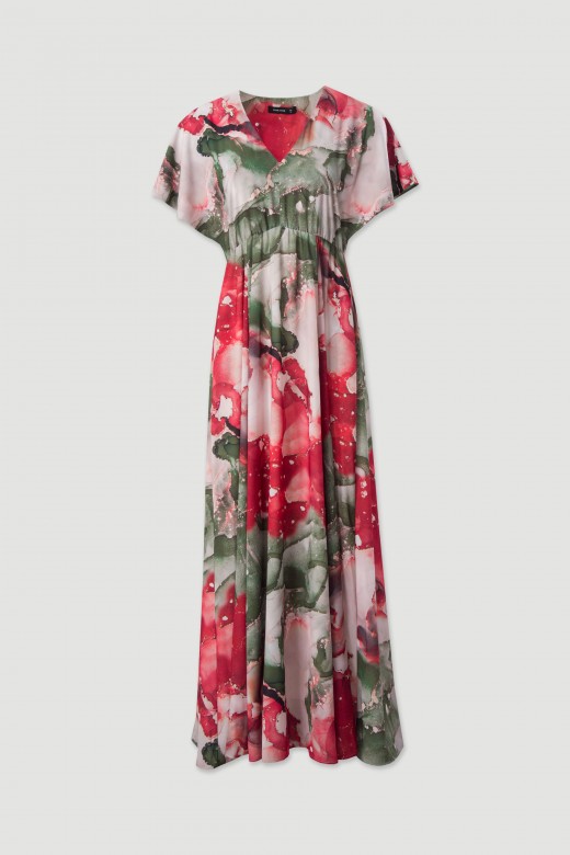 Printed long dress with wide short sleeves
