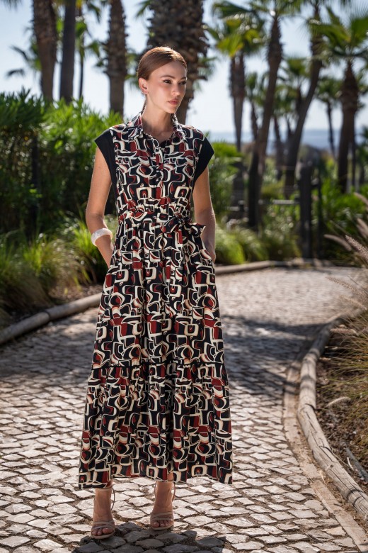 Cinched printed midi dress with belt